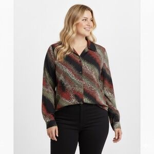 Vintage 70's Button‎ Front Blouse Women Plus 2X Black Long Sleeve Stretch Disco